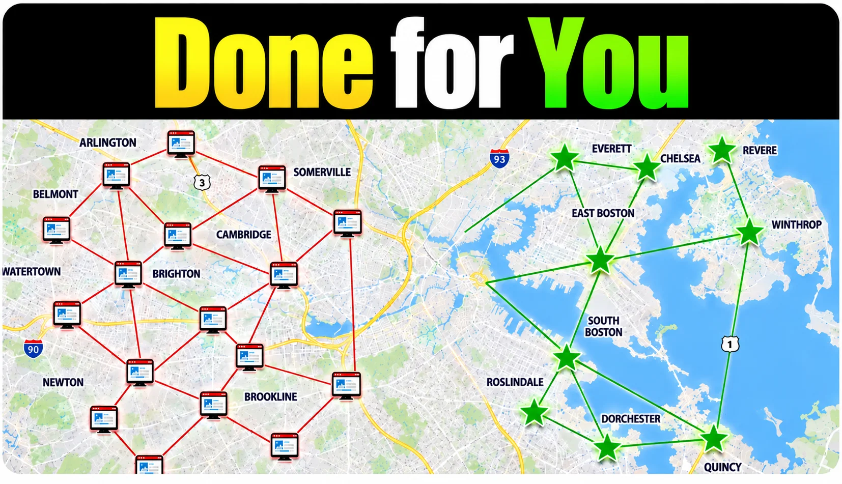 Done-for-you local SEO microsite network diagram: service pages linked across Boston-area cities like Cambridge and Brookline, and location pages linked across Everett, Chelsea, and Revere